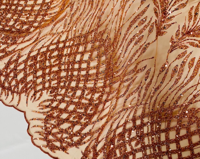 Burnt Orange Beaded Fabric by the yard, Bridal Heavy beaded, Damask Pattern With Beads and Sequin, Appliqué lace bridals,weddings,prom dress