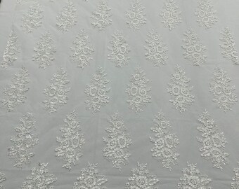 Off White Floral Sequin Lace Fabric: Embroidered Mesh, Bridal Wedding