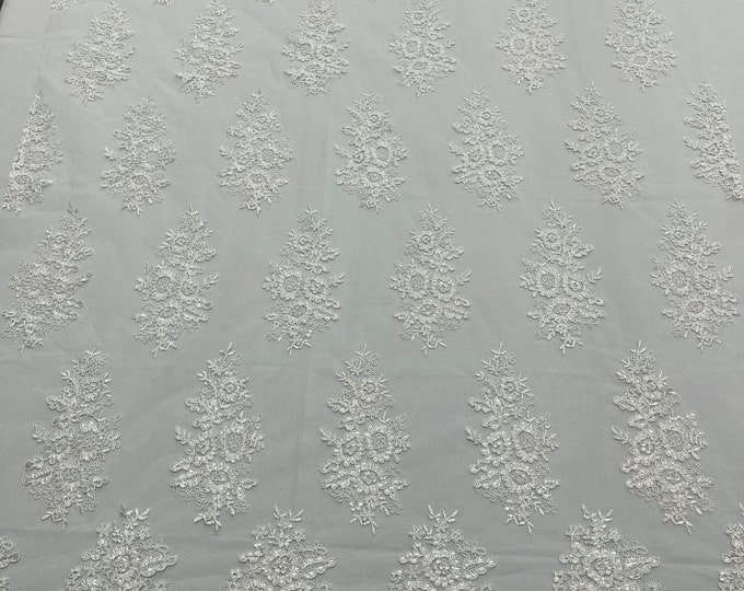 Off White Floral Lace Fabric - by the yard - Embroidery With Sequins on a Mesh Lace Fabric For Wedding-Bridal
