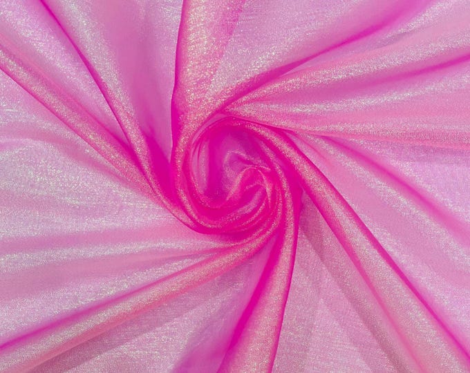 Hot Pink Iridescent Sparkle Organza Fabric, Stiff Holographic Shiny Wedding Bridal Dress Veil Fabric, Party Decor