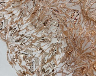 Rose gold Beaded Fabric By Yard, Luxury Geometric Design Beads and Sequins, Beaded Fabric Embroidered on a Mesh Lace,Wedding,Bridal,Dress