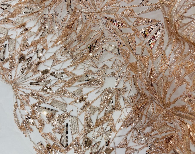 Rose gold Beaded Fabric By Yard, Luxury Geometric Design Beads and Sequins, Beaded Fabric Embroidered on a Mesh Lace,Wedding,Bridal,Dress