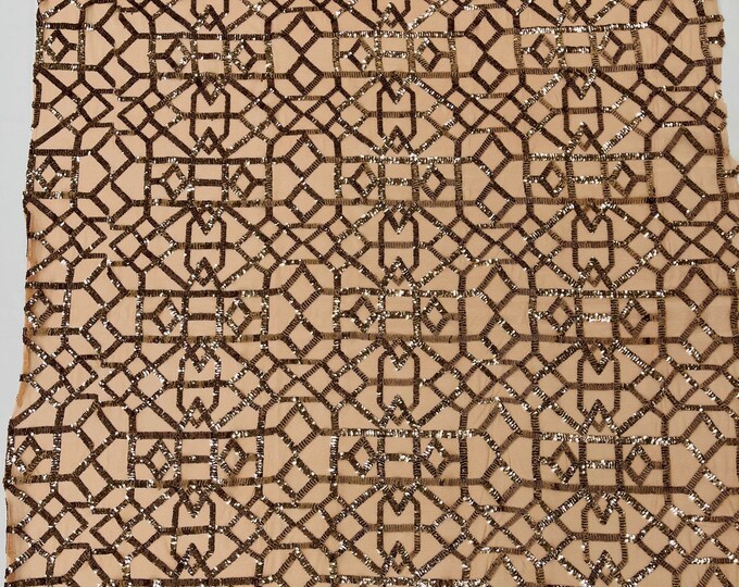 Coffee on Nude Mesh - 4 Way Stretch Geometric Elena Design Embroidered Shiny Sequins Fabric for Prom Gala Gown Sold By Yard