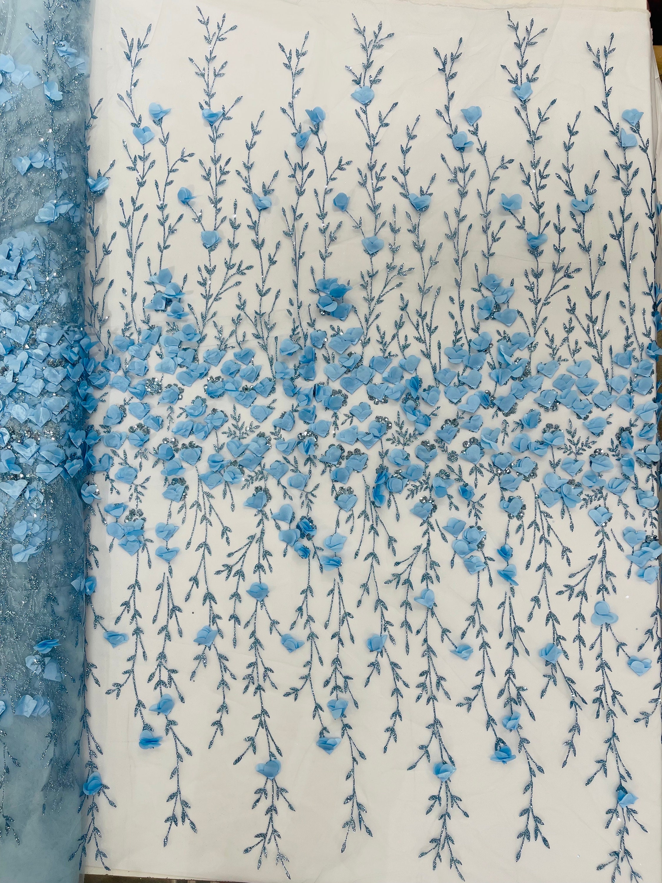 Baby Blue 3D Flower Sequin Fabric, Glitter Floral Mesh, Wedding Dress ...