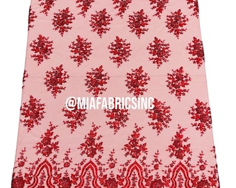 Red Beaded Fabric Embroidered on a Mesh | Fashion Design Beads and Sequins | Beaded Lace | Beaded Wedding | Bridal Lace Fabric by yard