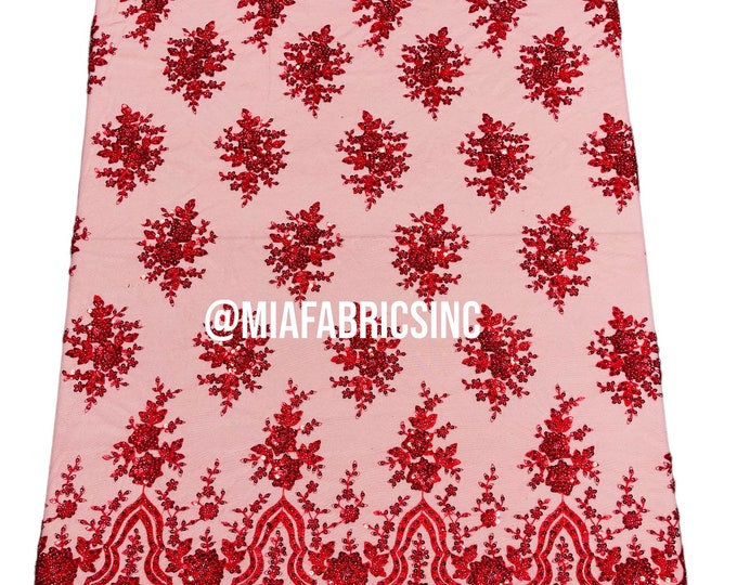 Red Beaded Fabric Embroidered on a Mesh | Fashion Design Beads and Sequins | Beaded Lace | Beaded Wedding | Bridal Lace Fabric by yard