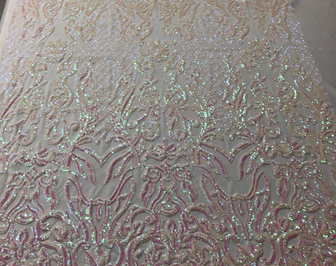 Iridescent Pink Sequin -  Luxury Damask Design Embroidered Spandex 4way Stretch Sequin By Yard -Prom-Gown ( Choose The Size )