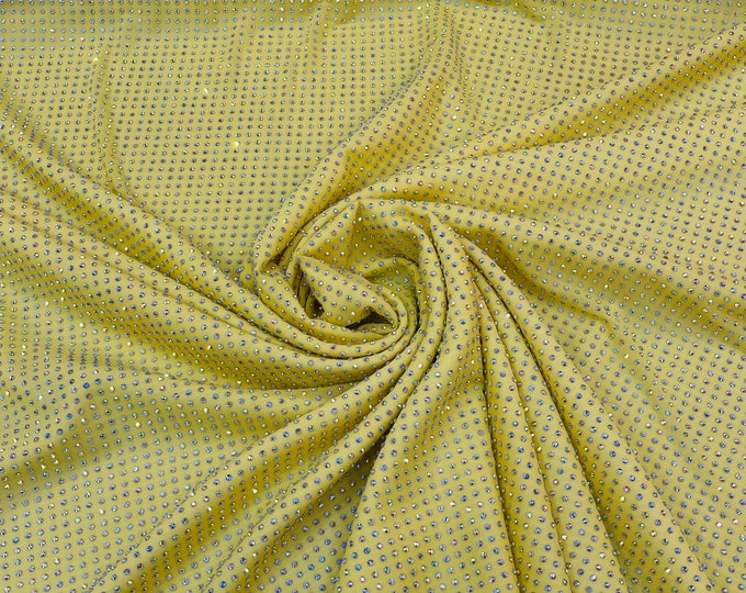 Iridescent Rhinestones Fabric On Yellow Nylon Spandex Power Mesh With Crystal Stones, AB Rhinestones sold by the yard