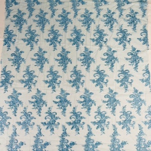 Baby Blue Floral Lace Fabric, by the yard Embroidery With Sequins on a Mesh Lace Fabric For Wedding-Bridal