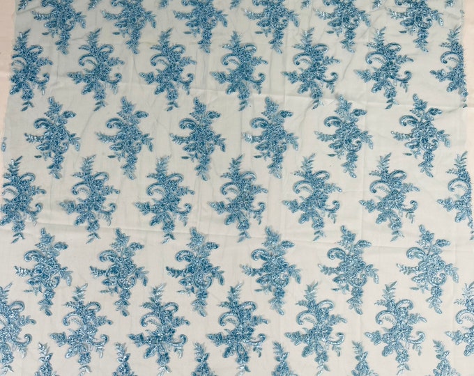 Baby Blue Floral Lace Fabric, by the yard Embroidery With Sequins on a Mesh Lace Fabric For Wedding-Bridal