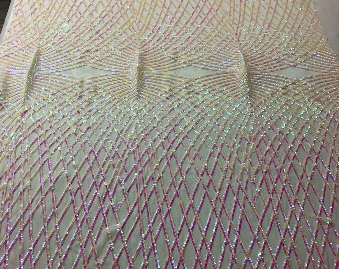 Pink/White Iridescent Diamond Sequin Fabric - by the yard - On White Power Mesh 4 Way Stretch Sequins Fabric