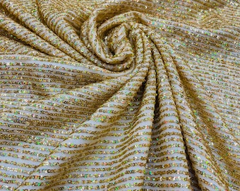 Gold Holographic Striped Sequin Fabric, Stretch Mesh, Prom Gown Couture, By The Yard