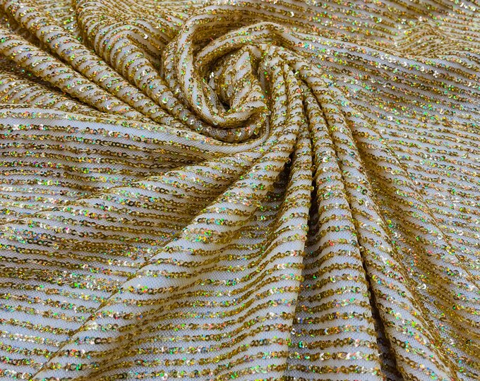 Gold Holographic Mille Striped Stretch Sequins Lace Spandex Mesh-Prom-Gown By The Yard, Formal Wedding Couture Fabric Sequin Fabric