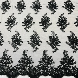 Black Floral Lace Fabric, Embroidery on a Mesh Lace Fabric by the Yard