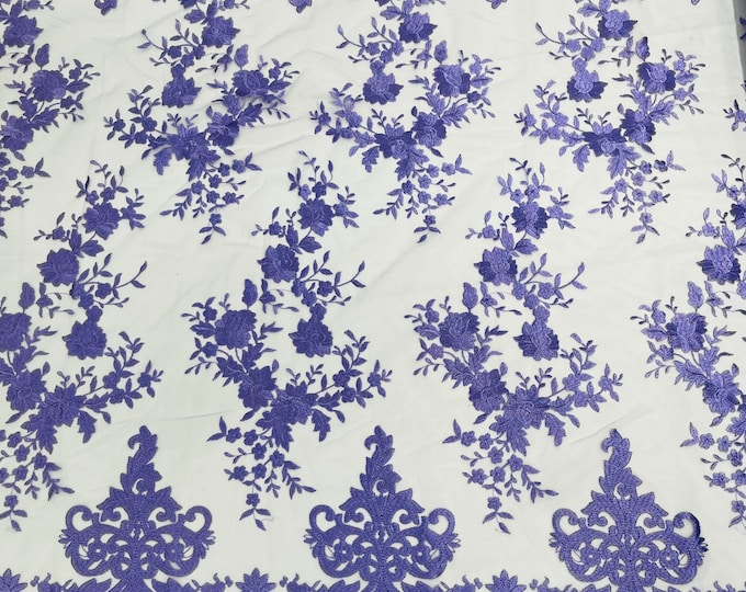 Lilac Bridal Lace - by the yard - Damask Design Embroidered on Mesh Lace Fabric, Floral Wedding Dress (Pick a Size)