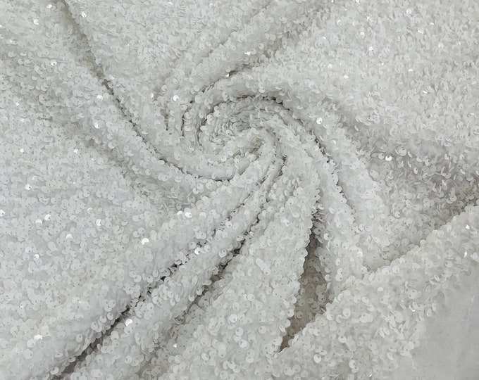 White Sequin Fabric on White Stretch Velvet With Sequins all Over 5mm Sequins 2-way Stretch 58/60” Sequins Velvet By The Yard