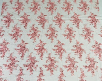 Pink Floral Lace Fabric: Embroidered Sequins Mesh, Bridal Wedding by the yard