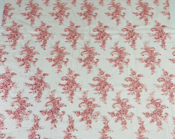 Pink Floral Lace Fabric, by the yard Embroidery With Sequins on a Mesh Lace Fabric For Wedding-Bridal