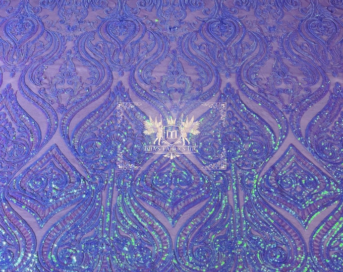 Lavender Iridescent Sequin Fabric by the yard on a Mesh, DAMASK Design Embroidered on a Mesh 4 way Stretch Sequins ( Choose The Size )