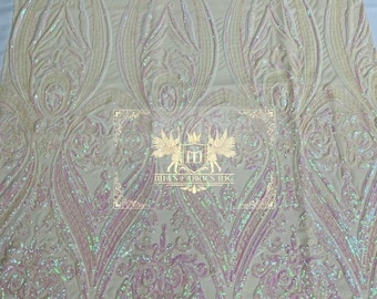 Pink/White Iridescent Sequins - 4 Way Stretch Fancy Big Damask Design Sequins on Spandex Mesh Prom Gala Gown Fabric By The Yard