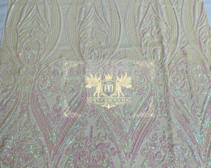 Pink/White Iridescent Sequins - 4 Way Stretch Fancy Big Damask Design Sequins on Spandex Mesh Prom Gala Gown Fabric By The Yard