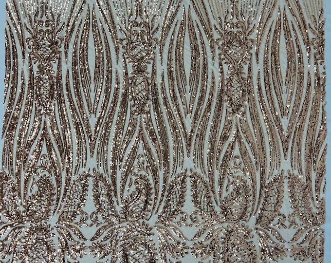Rose Gold Sequin Fabric on a Mesh - by the yard - Paisley Pattern on a 4 Way Stretch Shine Sequins Fabric Mesh-Prom-Gown
