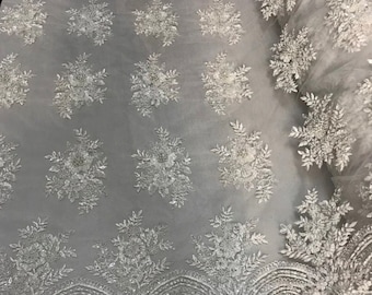 White Floral Embroidered Lace Fabric, Sequins & Beads, By The Yard