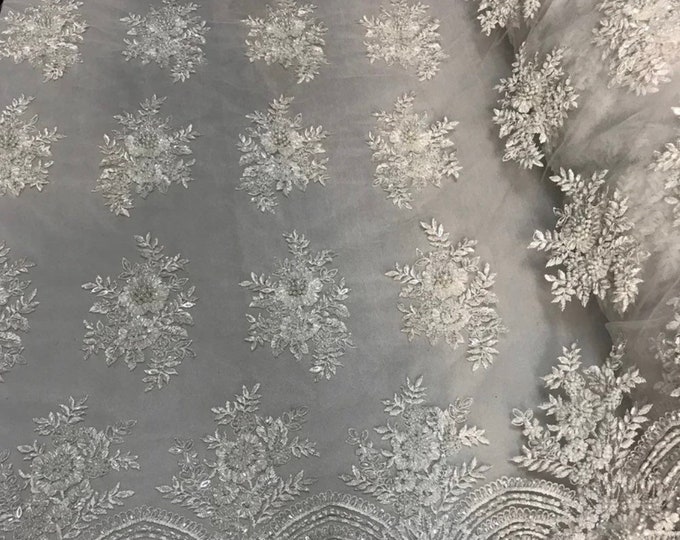 White Mesh Hand Beaded Lace, Embroidered Floral Design Fancy Sequins Fabric with Beads Sold in Many Colors By The Yard