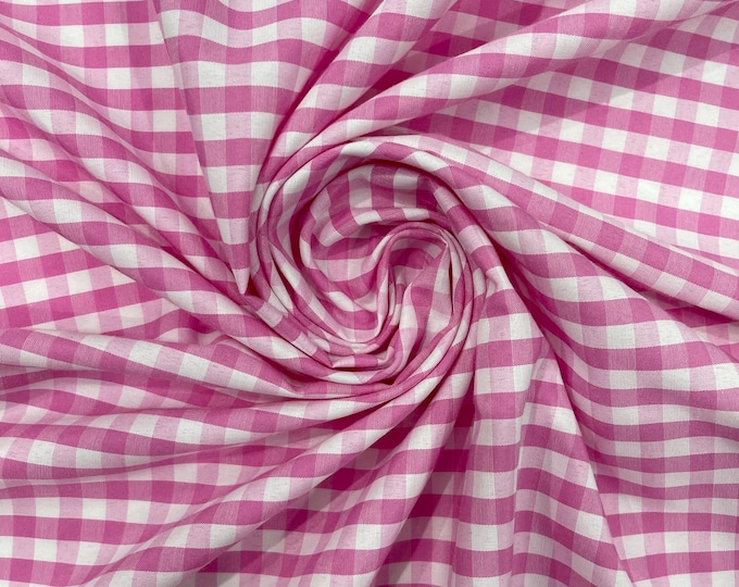 Pink & White Gingham Poly Cotton Fabric by Yard 1/4” Squares, Checkered Fabric