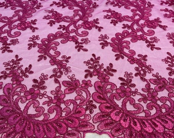 Fuchsia Floral Lace Fabric: Sequined Embroidery Mesh, Bridal Gown Material
