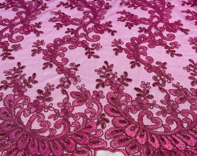 Fuchsia Floral Lace Fabric, Embroidery With Sequins on a Mesh Lace Fabric By The Yard For Gown, Wedding-Bridal (Choose The Quantity)