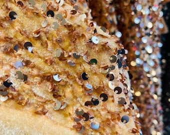 Champagne Sequin Camel Velvet Fabric: 5mm Luxury Sequins, 2-Way Stretch