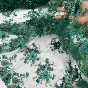 Hunter Green 3D Floral Beaded Embroidery Lace Fabric