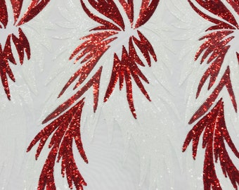 Red & White Sequin Angel Wing Fabric: Embroidered Mesh, Prom Gown Material