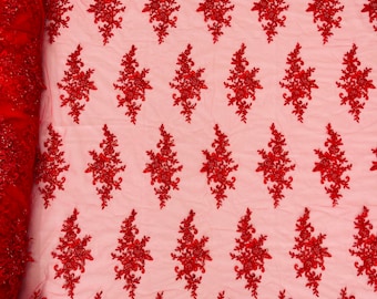 Red Beaded Sequins Fabric, Embroidery With Beaded Sequin on a Mesh, Floral Bridal Lace Fabric by the yard (Pick a size )