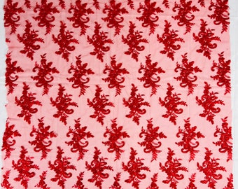 Red Floral Lace Fabric: Embroidered Sequins Mesh, Bridal Wedding