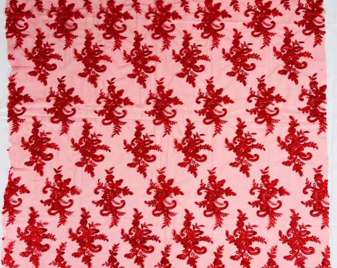 Red Floral Lace Fabric, by the yard Embroidery With Sequins on a Mesh Lace Fabric For Wedding-Bridal