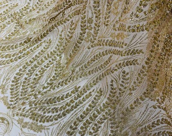 Champagne Silver Rhinestones Glitter Fabric on a Mesh By The Yard | Wavy Desing Glitter Rhinestones on Mesh Fabric Prom Dress