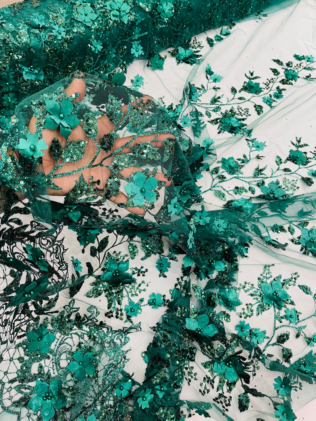 1 Yard Hunter Green 3D Flower Glitter Sequin Fabric, 3D Floral Glitter ...