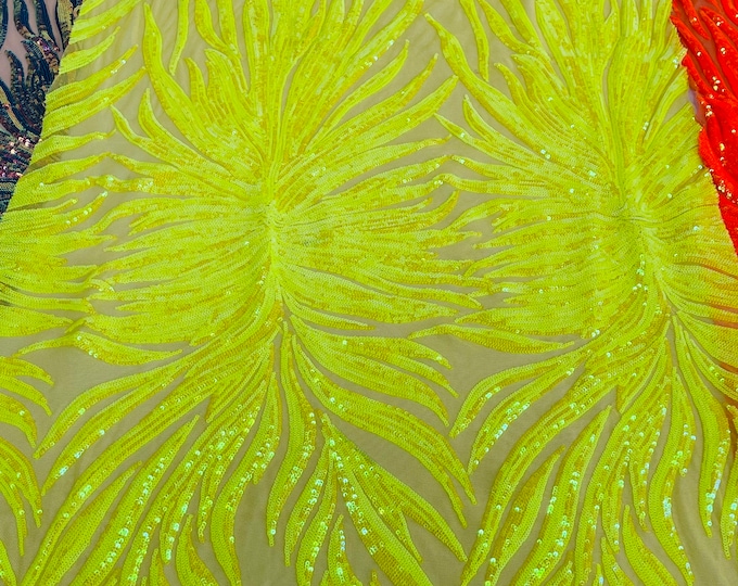 Iridescent Neon Yellow Sequin -  4 Way Stretch Phoenix Wing Sequin Spandex Mesh Fabric for Prom Gala Gown Sold By Yard