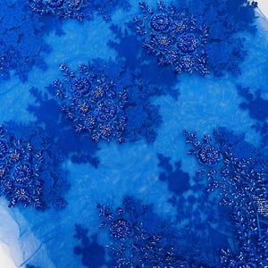 Royal Blue Embroidery Beaded Fabric With Sequin on a Mesh, JP Desing Beaded Fabric Floral Bridal Lace Fabric by the yard