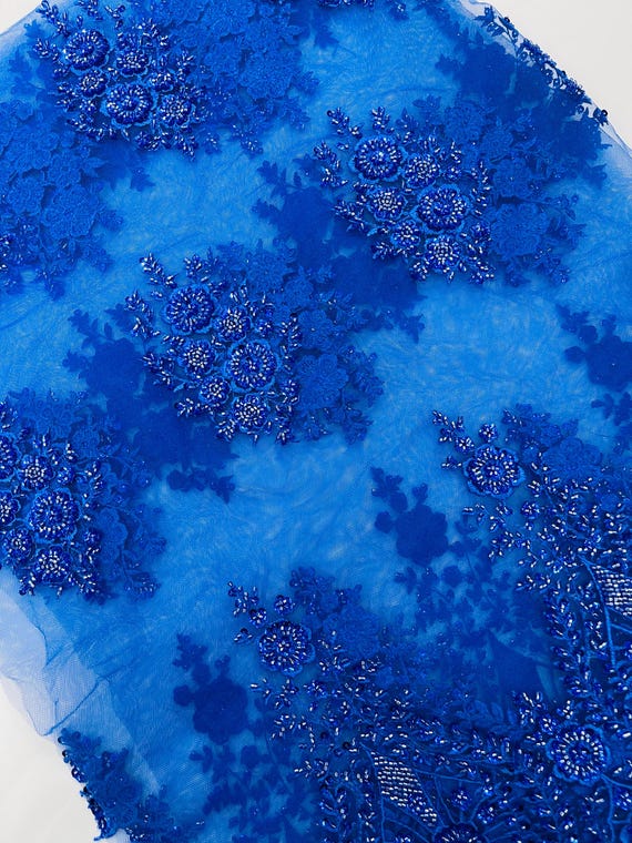 Royal Blue Embroidery Beaded Fabric With Sequin on a Mesh, JP