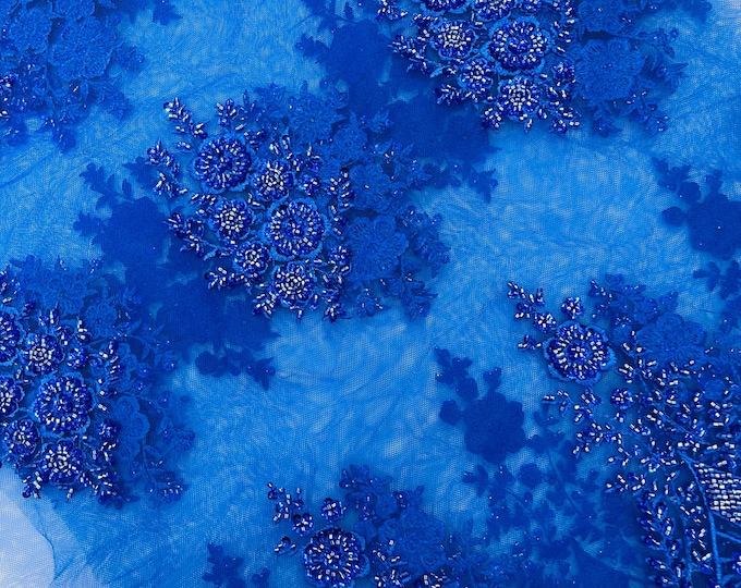 Royal Blue Embroidery Beaded Fabric With Sequin on a Mesh, JP Desing Beaded Fabric Floral Bridal Lace Fabric by the yard