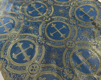 Coppen Blue/Gold Cross Brocade Fabric: Religious Vestment Material - 58/60" Wide