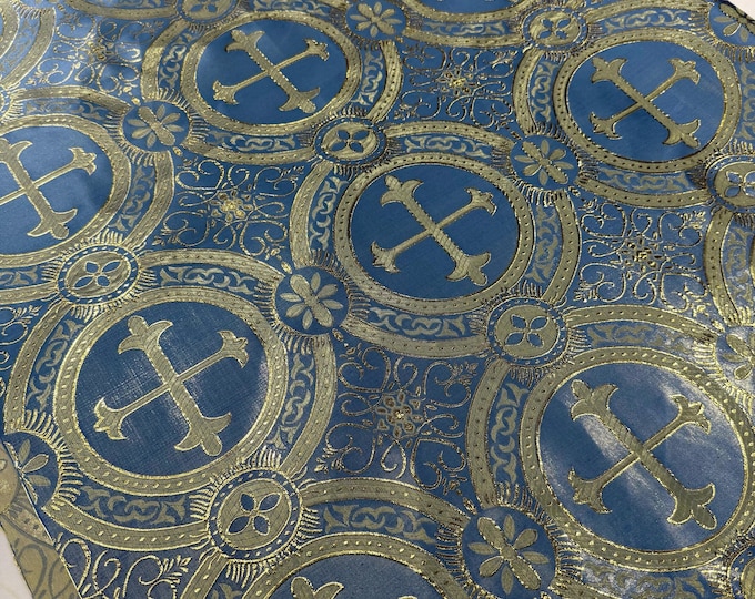 Coppen Blue/Gold Cross Brocade Fabric: Religious Vestment Material - 58/60" Wide