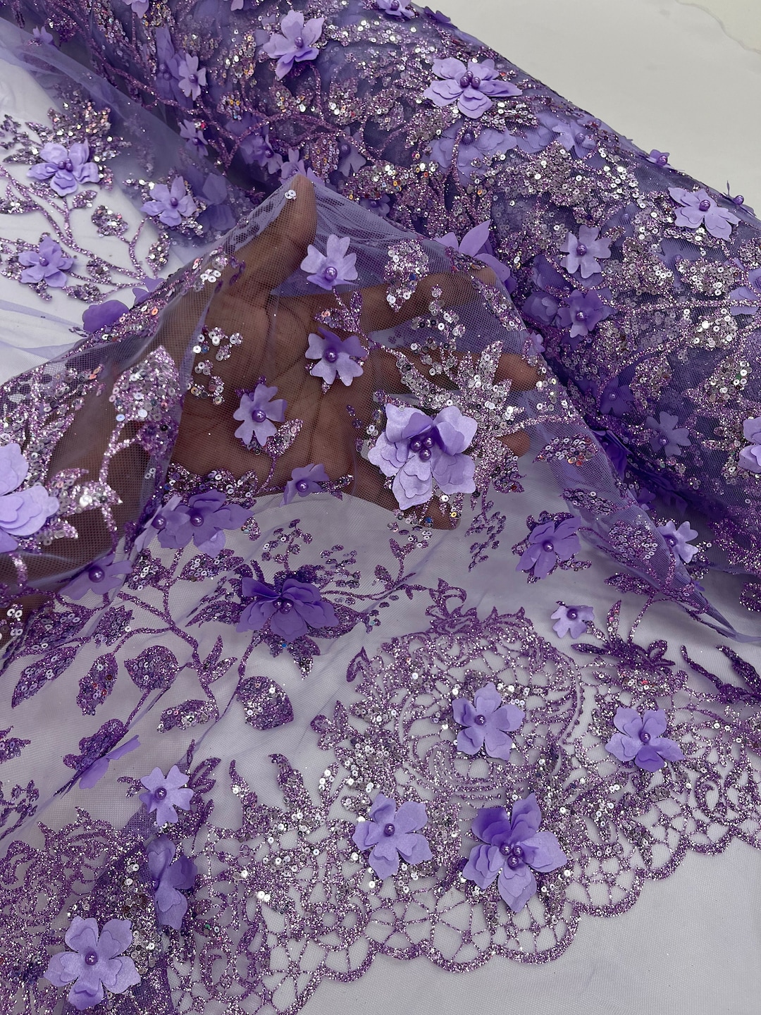 Lilac 3D Flower Glitter Sequin Fabric by the Yard, 3D Floral Glitter ...