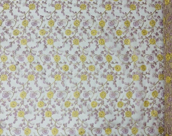 Gold Floral Embroidered Lace Fabric: Lilac Leaves on White Tulle