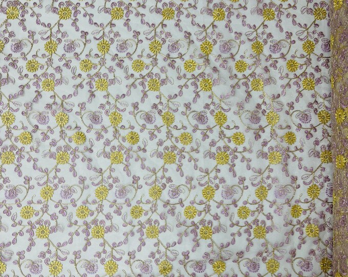 Metallic Gold Flowers With Lilac Leaves Embroidered on WhiteTulle, Corded Lace Fabric by the yard, Multi Colors Floral Design (Pick a Size)