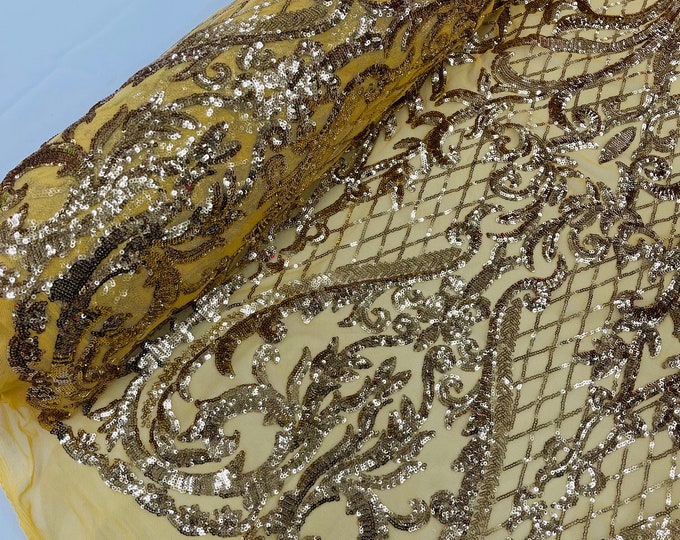 Gold Sequin Fabric | 4 Way Stretch Mesh | Embroidered Damask Design With Sequins Lace Prom-Gown by the yard