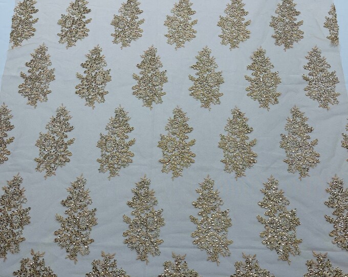 Metallic Gold/Nude Mesh Floral Lace Fabric - by the yard - Embroidery With Sequins on a Mesh Lace Fabric For Wedding-Bridal